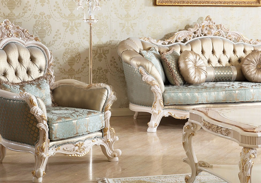 wooden crafted cream color sofa and chair