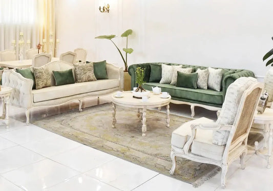 white and green color sofa set