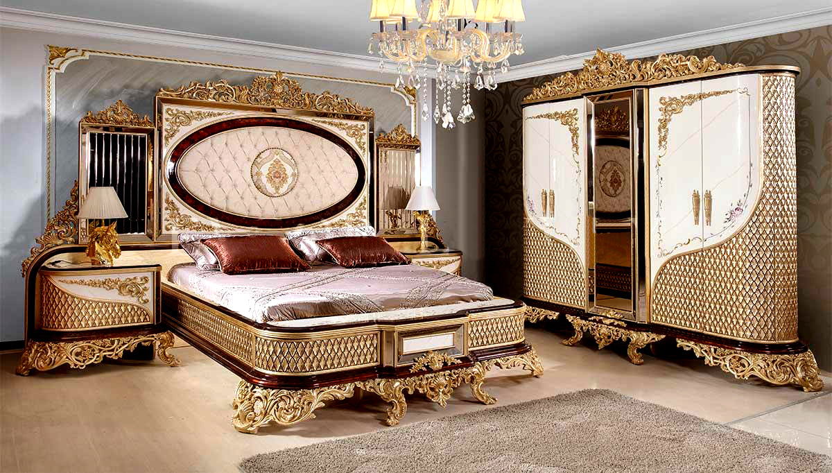 European Shimmer Style Hand Carving Wardrobe with luxury bed