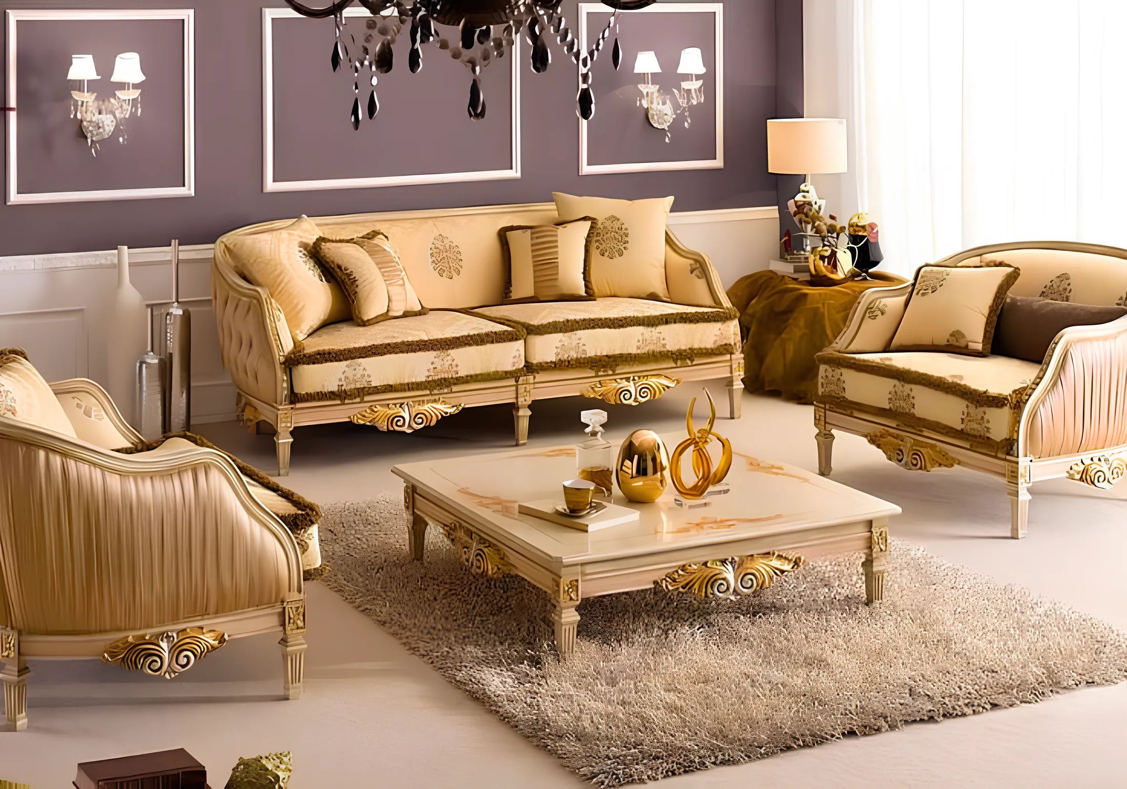 Golden Color Sofa Set and Center Table