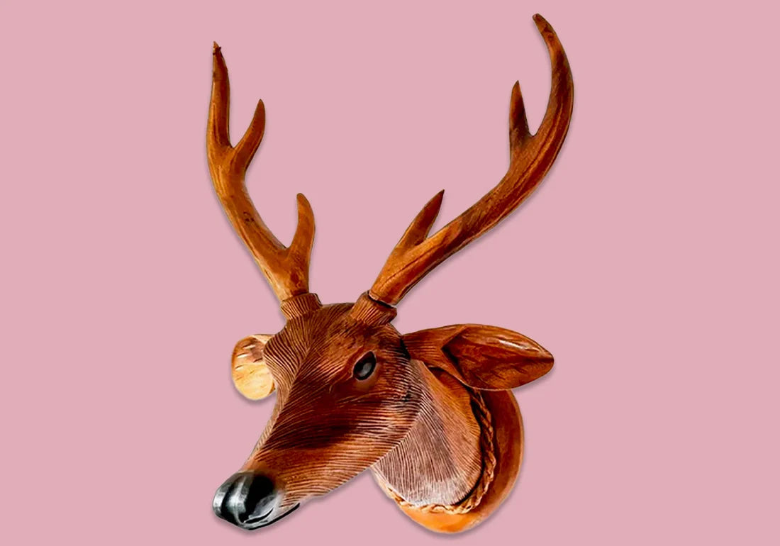 Antique Hand Carved Wooden Deer Buck Stag Head Wall Art