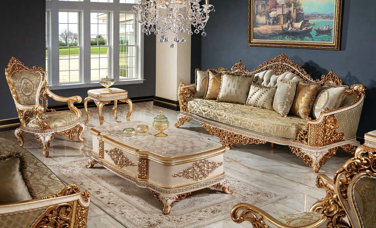 Deep carving floral white color sofa set