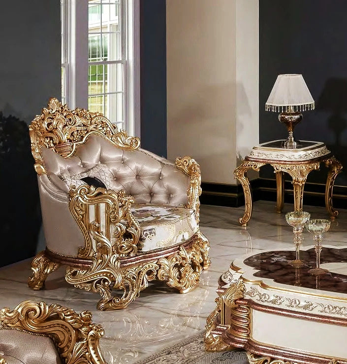 deep wooden carving royal arm chair and side table