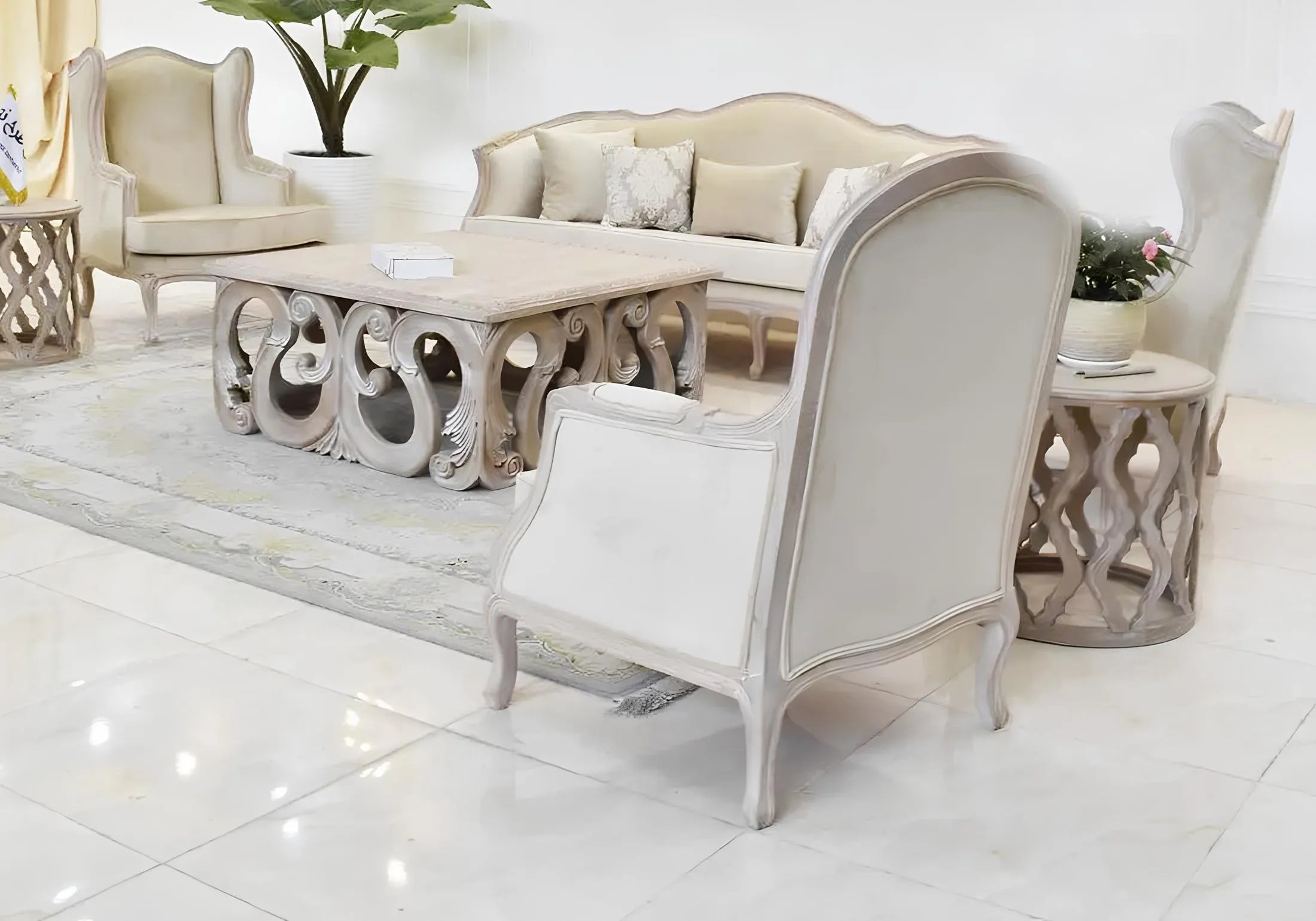 Heavy Carving Wooden White Sofa Set