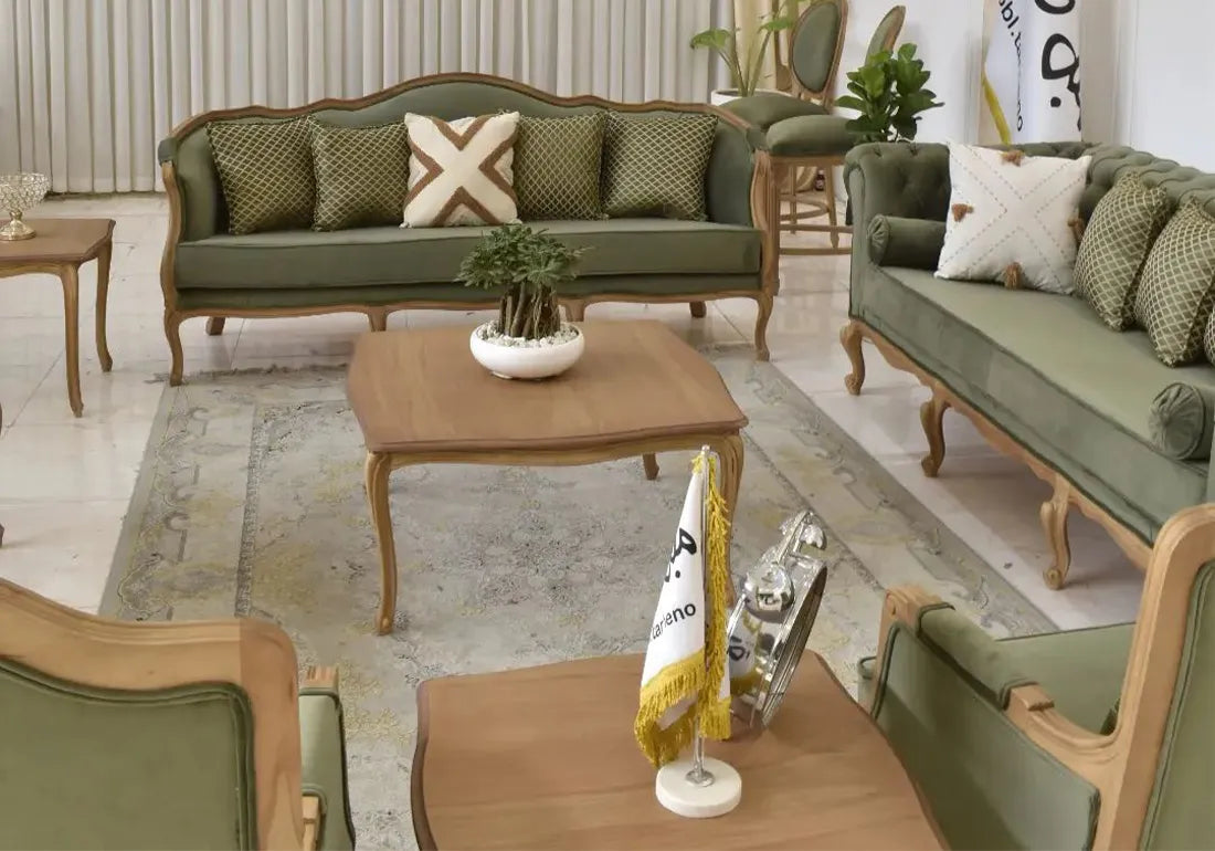 Green Color Wooden Sofa Set and Table