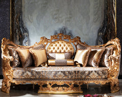 golden color wooden 3 seater sofa