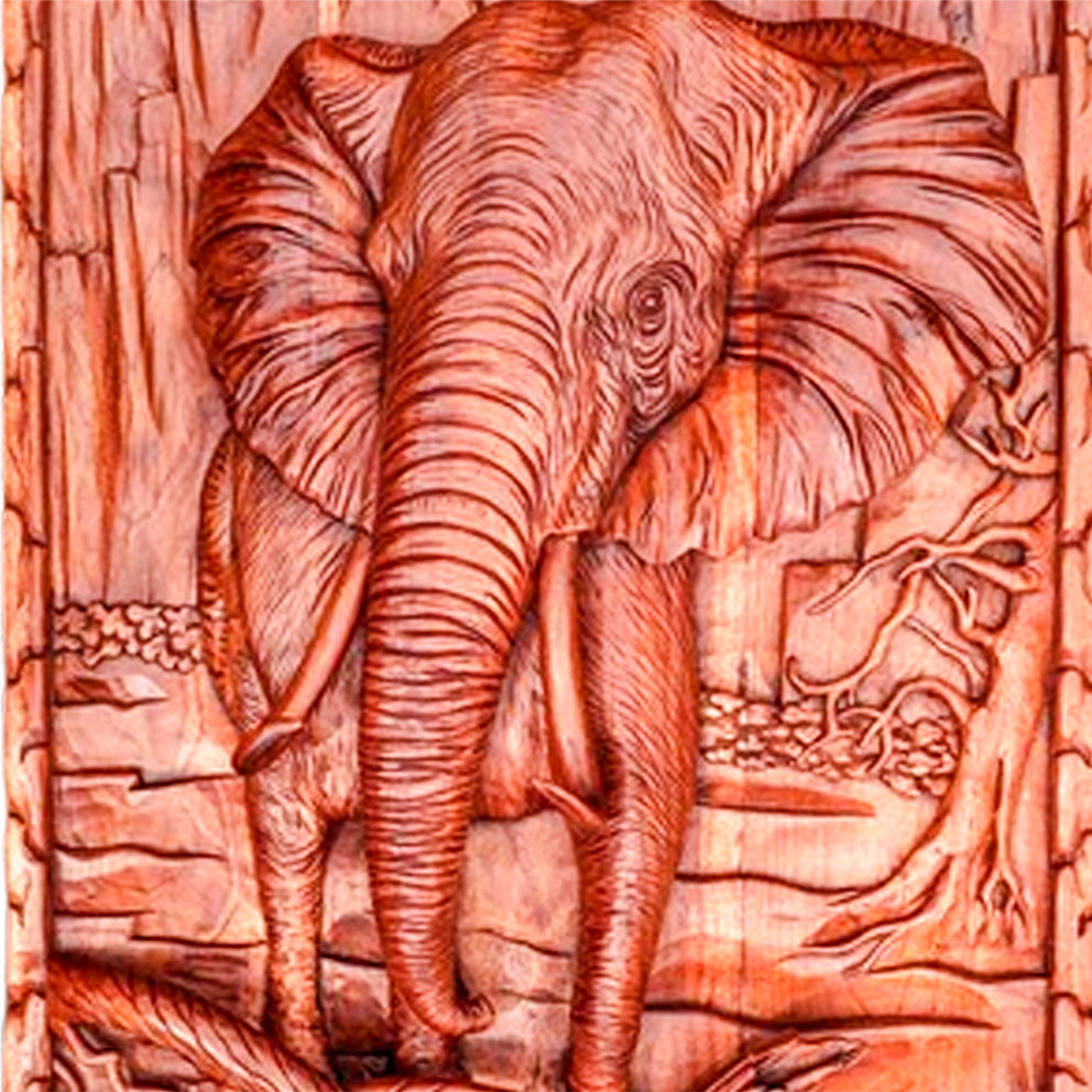 Antique Elephant Tusk Teakwood Wall Art Sculpture
